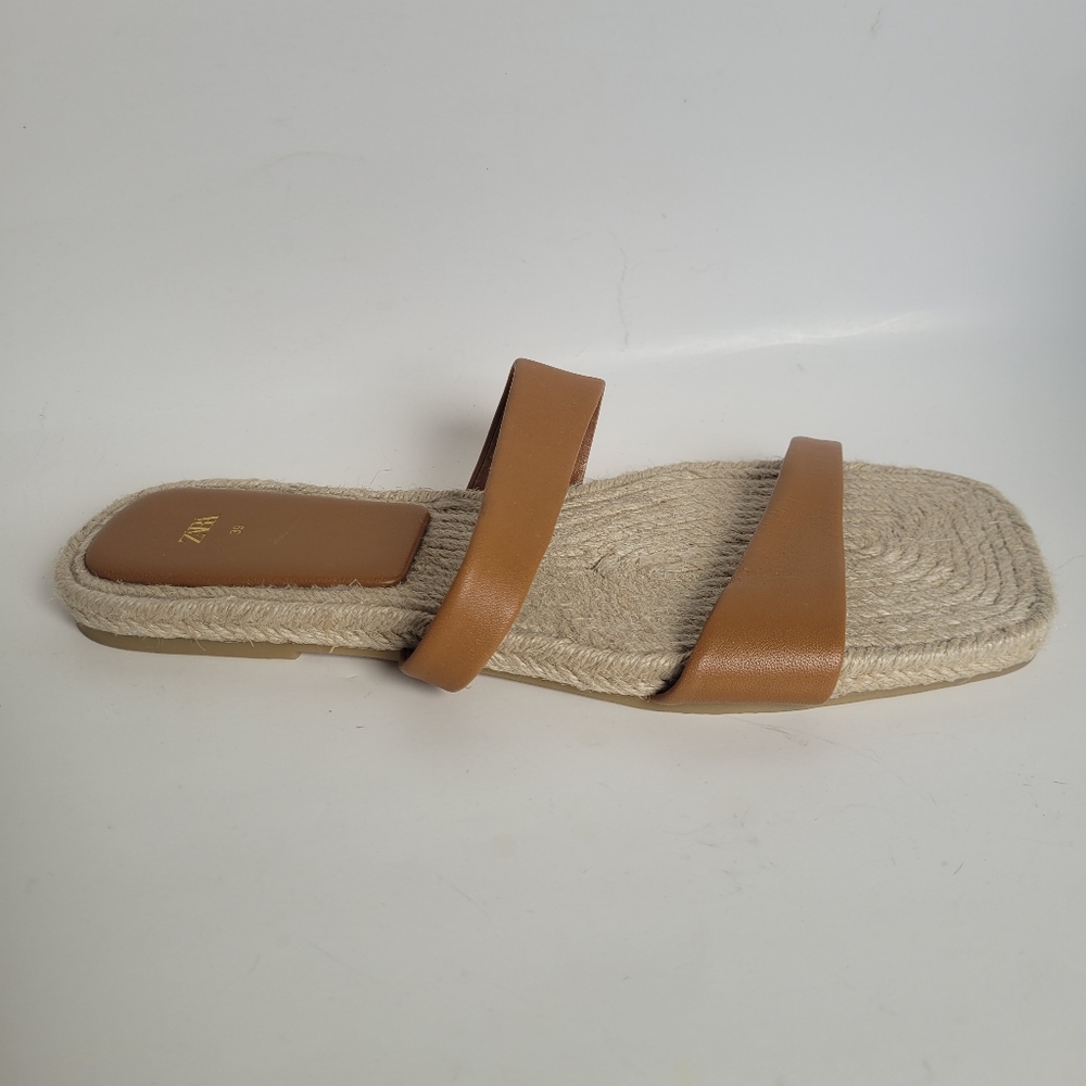 Zara Leather & Jute Flat Slide Sandals in Tan size 8.5 Boho - Picture 4 of 8